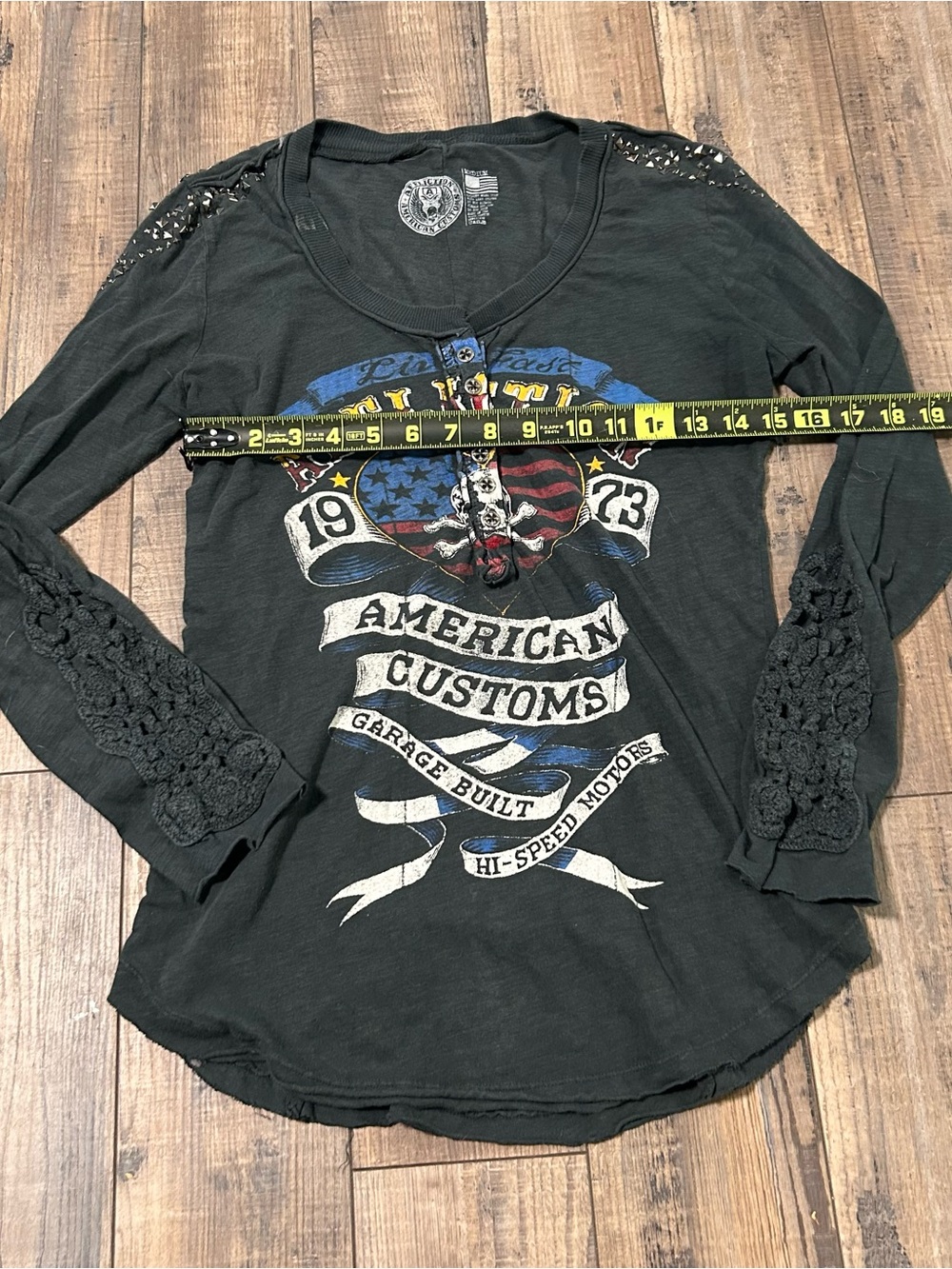 Affliction American Customs Long Sleeve With Lace & Studded Accent Henley Top - Picture 8 of 8